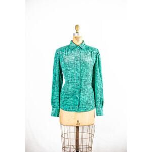 Vintage 80s Abstract Jade Green Silky Secretary Blouse, Longsleeve Retro,  Med